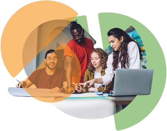 stylized photo of a group of team members in a casual business setting discussing a project (Green Payroll homepage accent image)