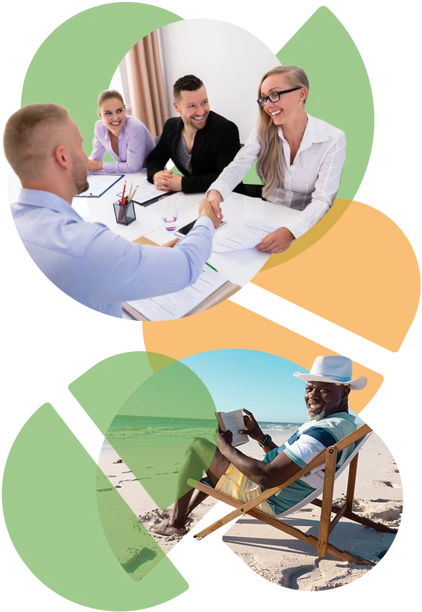 collage of two stylized photographs - one with a woman shaking hands with a job candidate while her team smiles, and the other of a retired man on a beach, smiling and reading a book (Green Payroll homepage accent image - Human Resources)