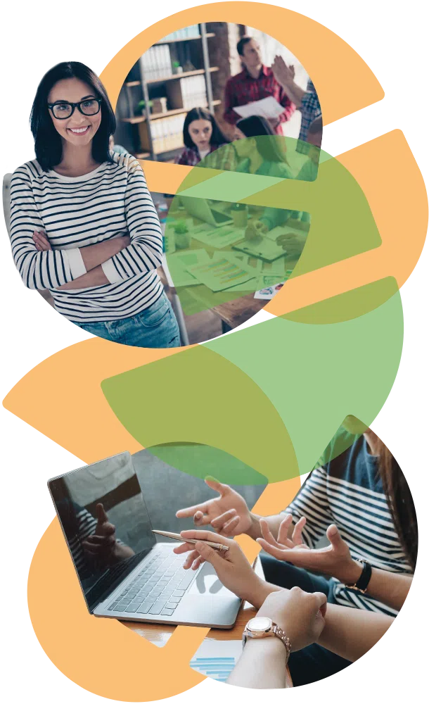 collage of two stylized photographs - one with a woman smiling at the camera while her team collaborates behind her, and the other a cropped closeup of two women's hands in collaborative discussion in front of a laptop (Green Payroll homepage accent image)