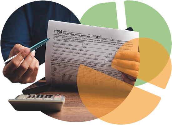 stylized close-up photo of a man pointing at a tax form with a calculator in front of him (Payroll Services page accent image)