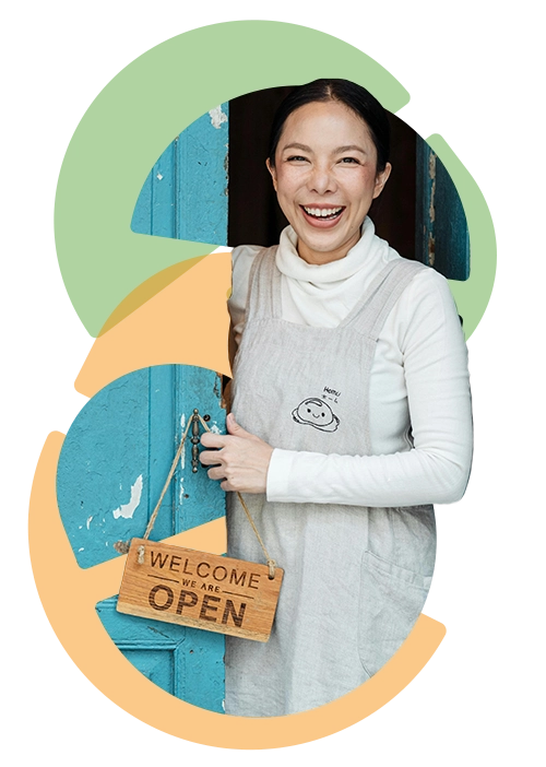 stylized photo of a woman in an apron opening the door to her small business