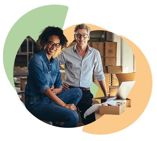 stylized photo of a smiling man and a woman packaging an order for their small business