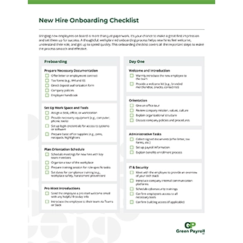 preview image of Green Payroll's "New Hire Onboarding Checklist" downloadable guide