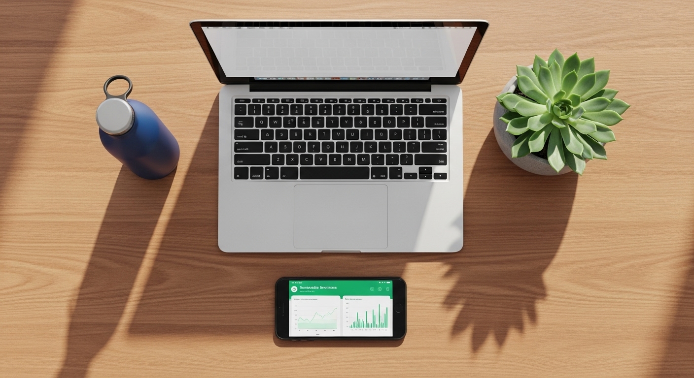 A top-down view of a clean desk. A laptop, a reusable water bottle, a small succulent, and a smartphone showing the Green Payroll dashboard.